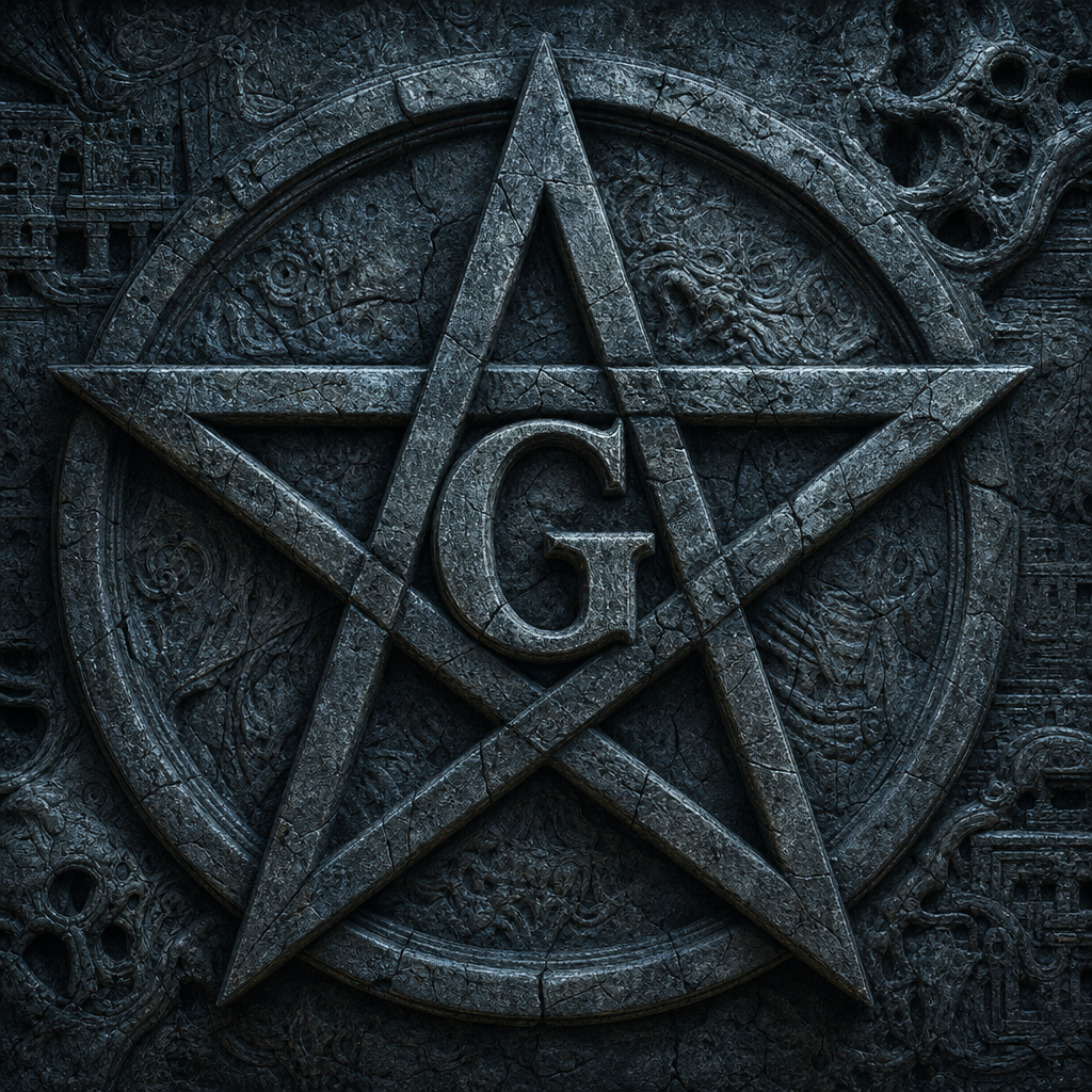 Pneuma emblem — a golden masonic pentagram with the letter G at its centre